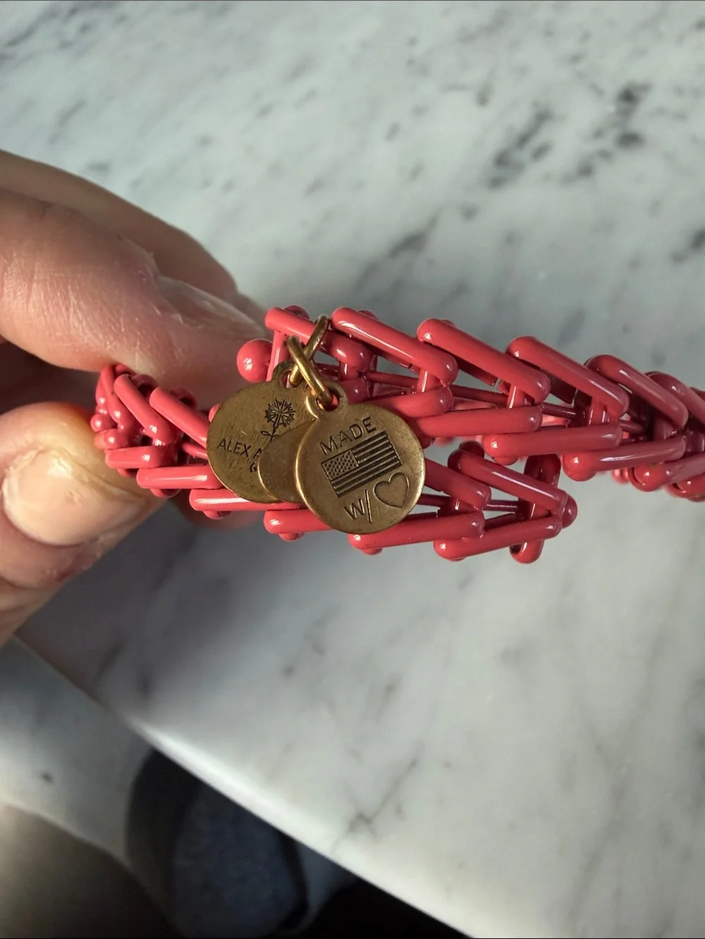 Alex and Ani Coral Pink Woven Bracelet with Gold Charms